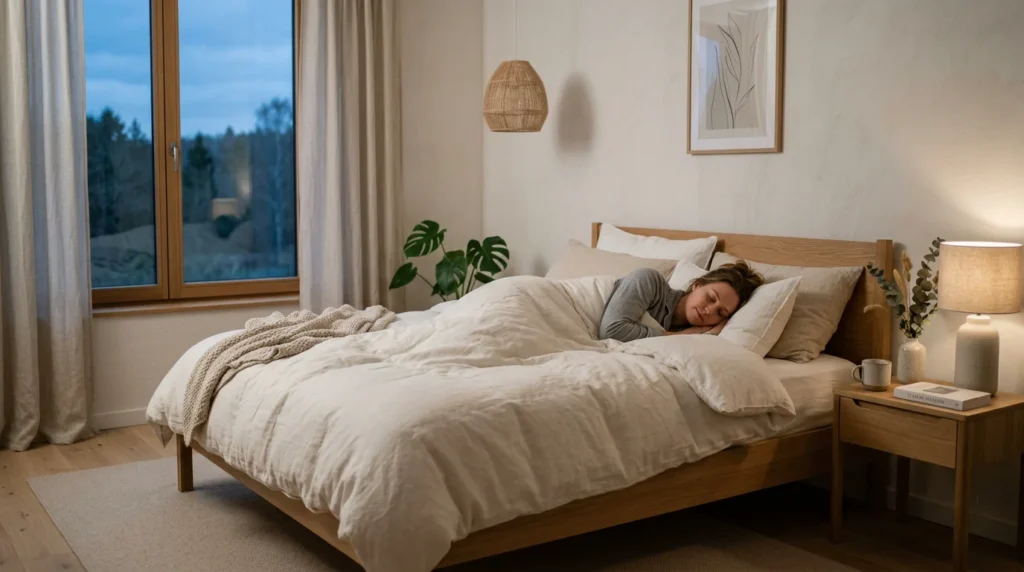 Personne détendue pratiquant une méditation guidée pour dormir dans sa chambre