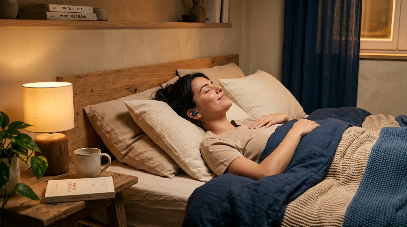 Personne pratiquant une méditation guidée audio allongée dans son lit le soir