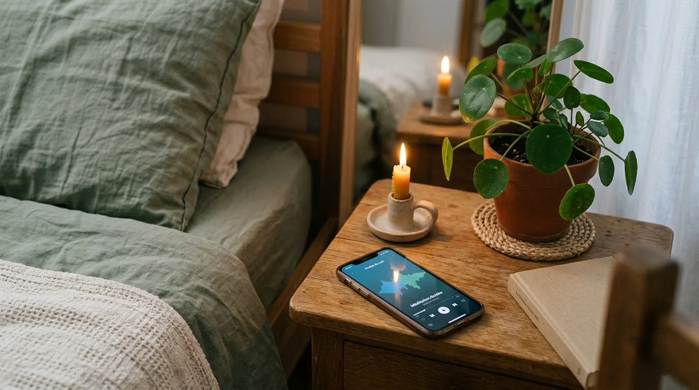 Rituel du coucher avec audio de relaxation posé sur une table de chevet