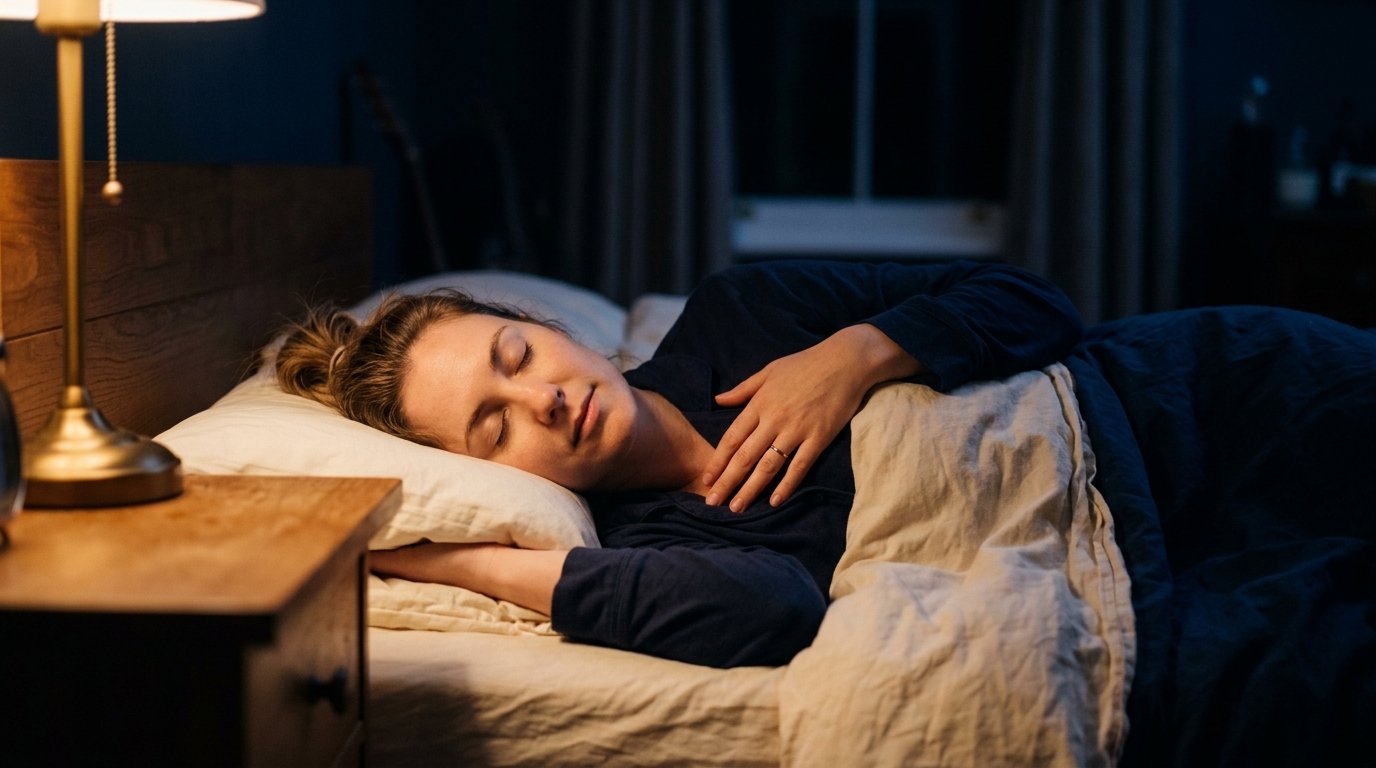 Personne allongee dans son lit la nuit, yeux fermes, visage detendu, lumiere ambree douce