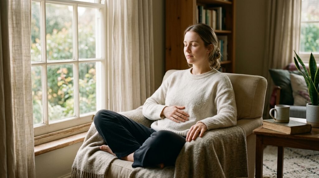 Personne assise pres d'une fenetre, une main sur le ventre, pratiquant une respiration lente et apaisante
