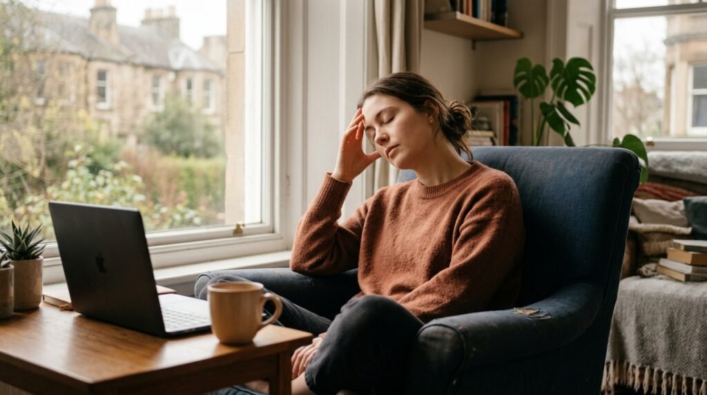 Personne fatiguee assise pres d'une fenetre, yeux fermes, prenant une pause pour apaiser sa fatigue mentale