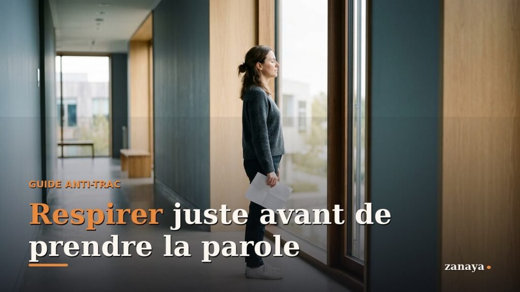 Personne debout pres d'une fenetre, yeux fermes, respirant lentement avant de prendre la parole