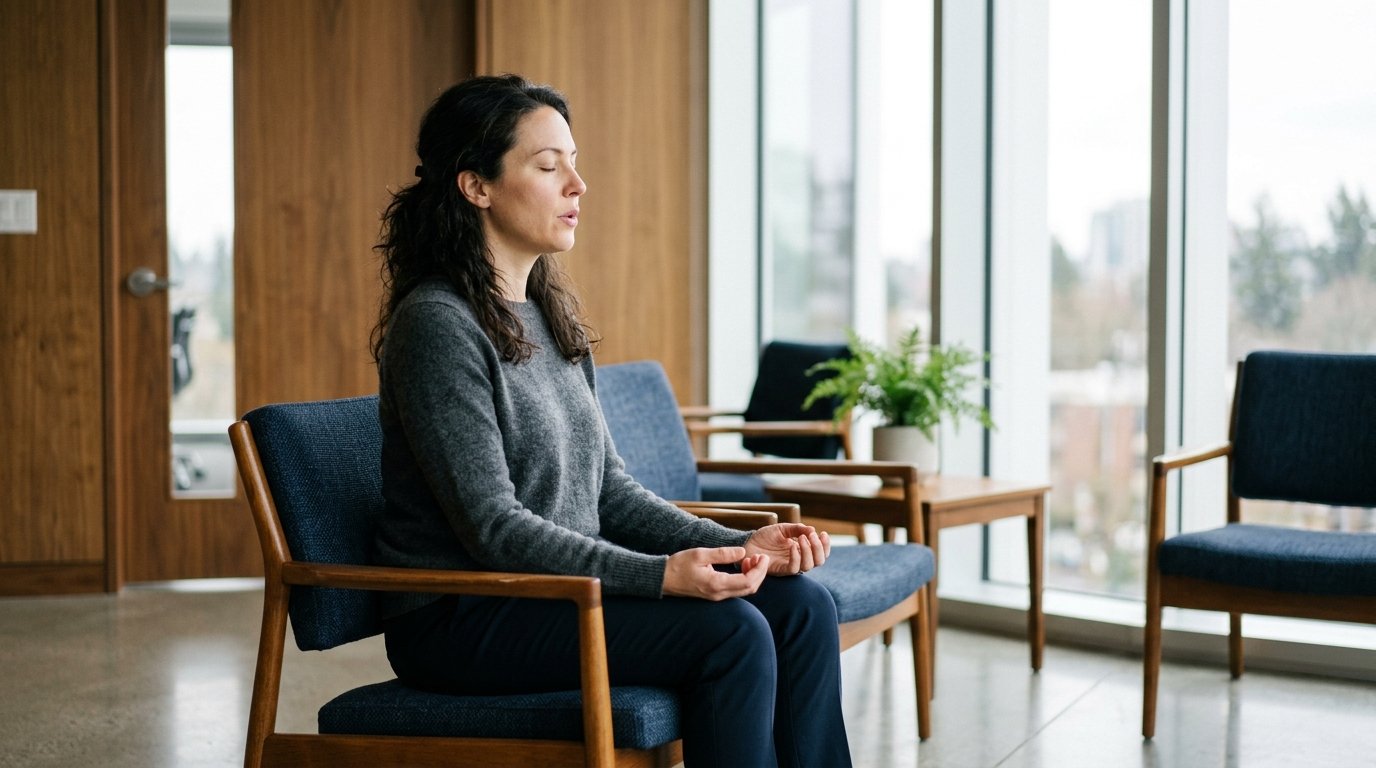 Personne assise dans une salle d'attente, mains ouvertes sur les genoux, yeux fermes, respiration lente