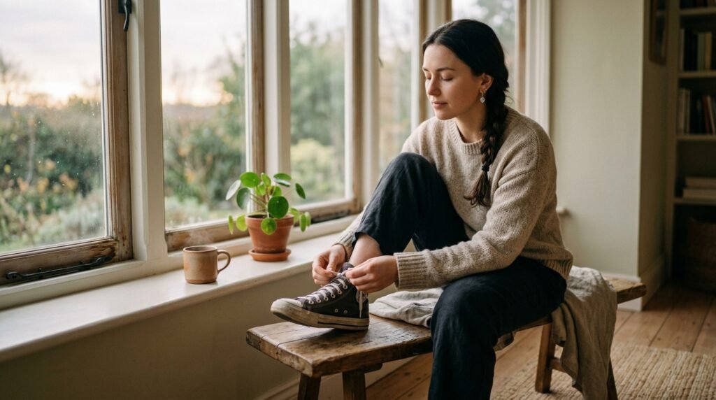 Personne calme pres d'une fenetre le matin, lacant ses chaussures pour repartir en douceur