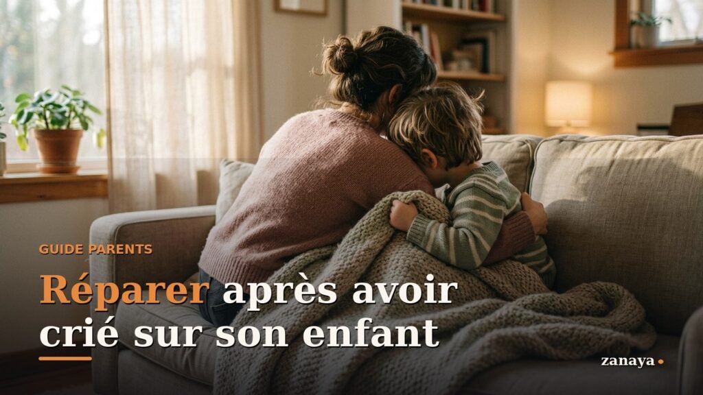 Un parent et son enfant assis cote a cote sur un canape dans la lumiere douce de fin d'apres-midi