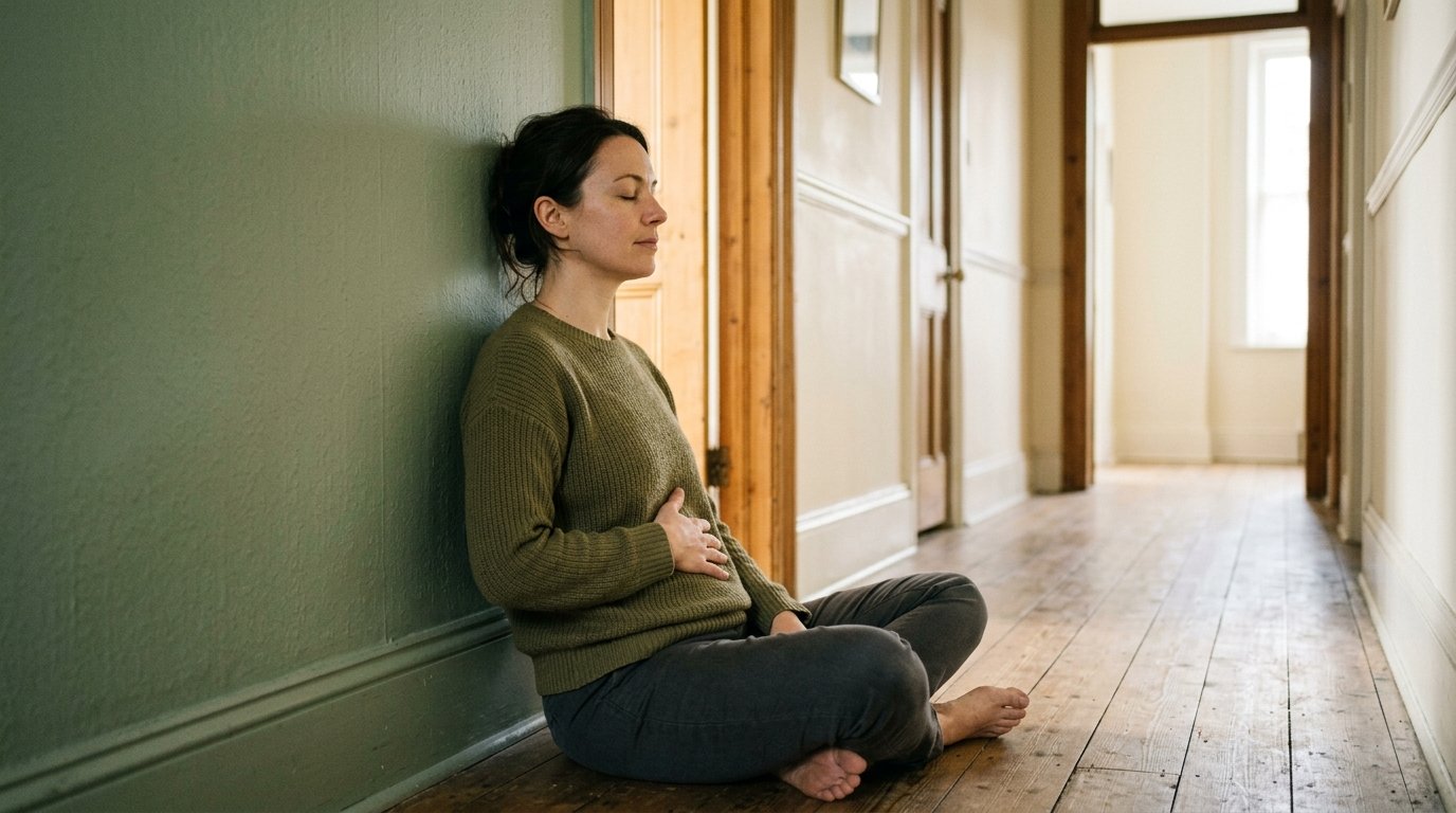 Un parent assis dans un couloir, une main sur le ventre, pendant une expiration lente