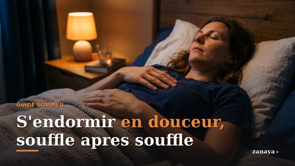 Mains posees sur la poitrine, respiration lente le soir dans une chambre a la lumiere ambree