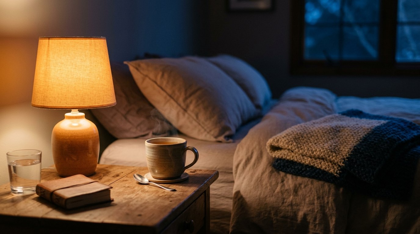 Table de nuit paisible avec une lampe ambree et une tisane, ambiance calme du soir