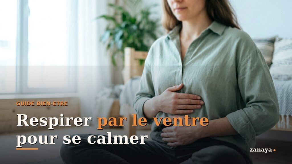 Personne assise, mains posees sur le ventre, respirant lentement dans une lumiere naturelle douce