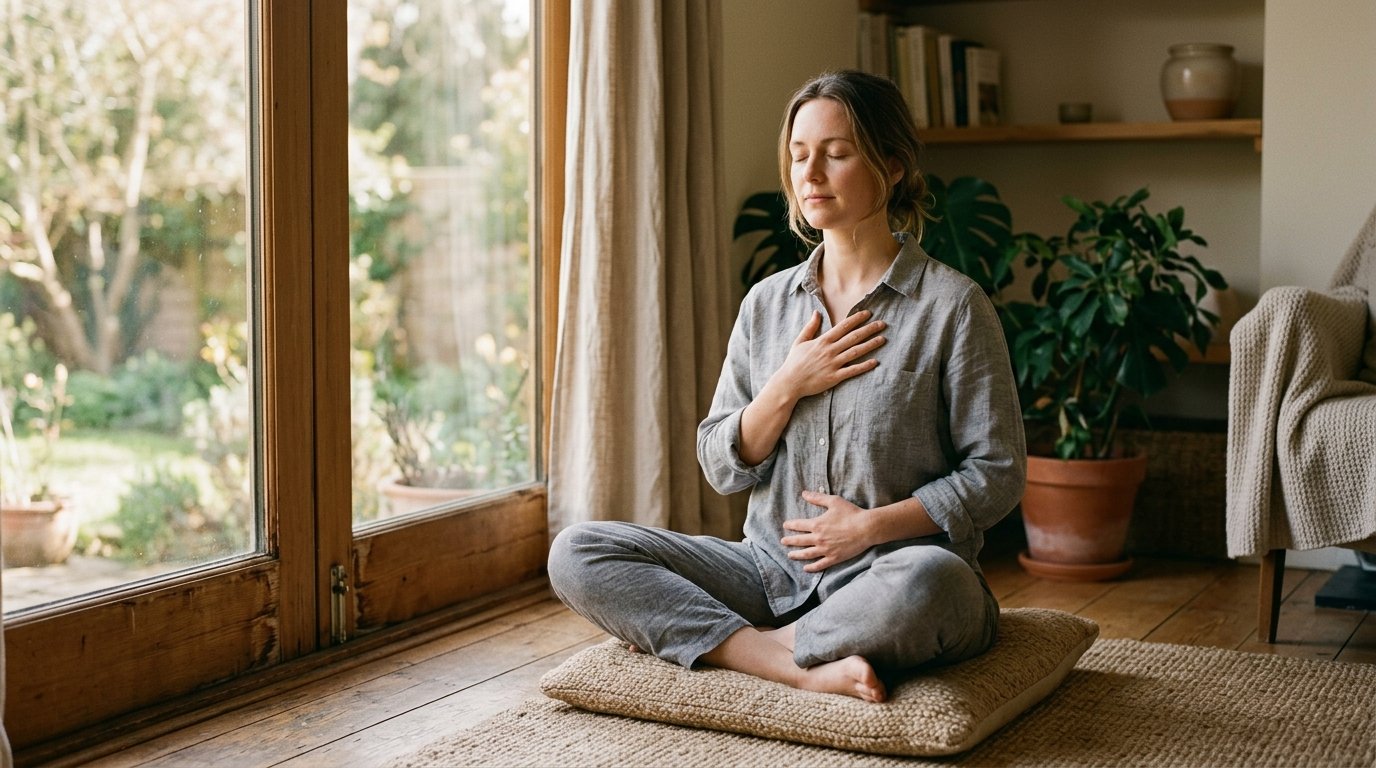 Personne assise pres d'une fenetre, une main sur la poitrine et une sur le ventre, pratiquant la respiration abdominale