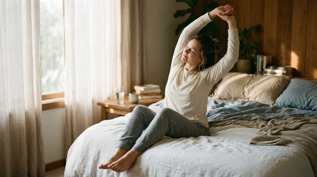 Personne assise au bord du lit le matin, s'etirant en douceur dans la lumiere naturelle pour un reveil apaise