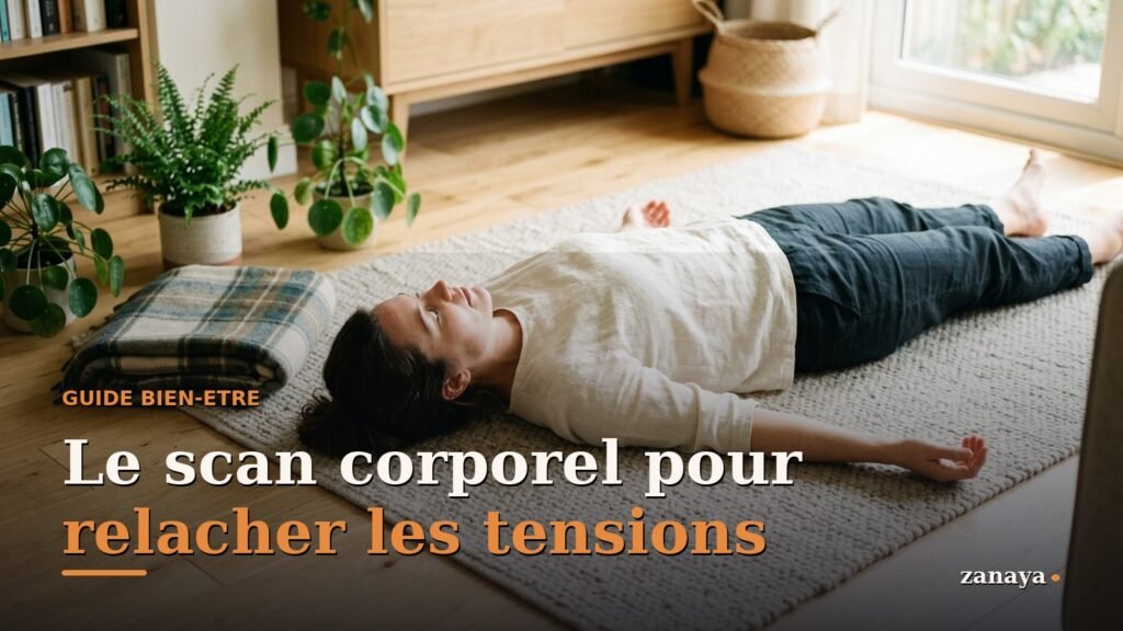 Personne allongee sur le dos, les yeux fermes, detendue pendant un scan corporel dans une lumiere douce