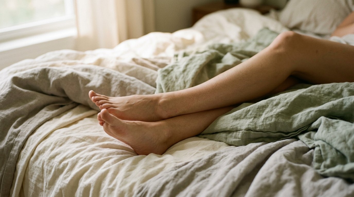 Jambes et pieds detendus poses sur une literie douce pendant un balayage corporel