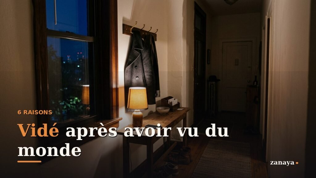 Une entrée d'appartement le soir, manteau accroché et lampe ambrée allumée, juste après être rentré