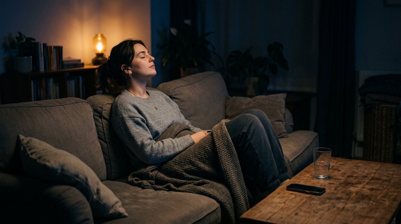 Une personne seule sur un canapé le soir, lumière basse et téléphone posé face contre table