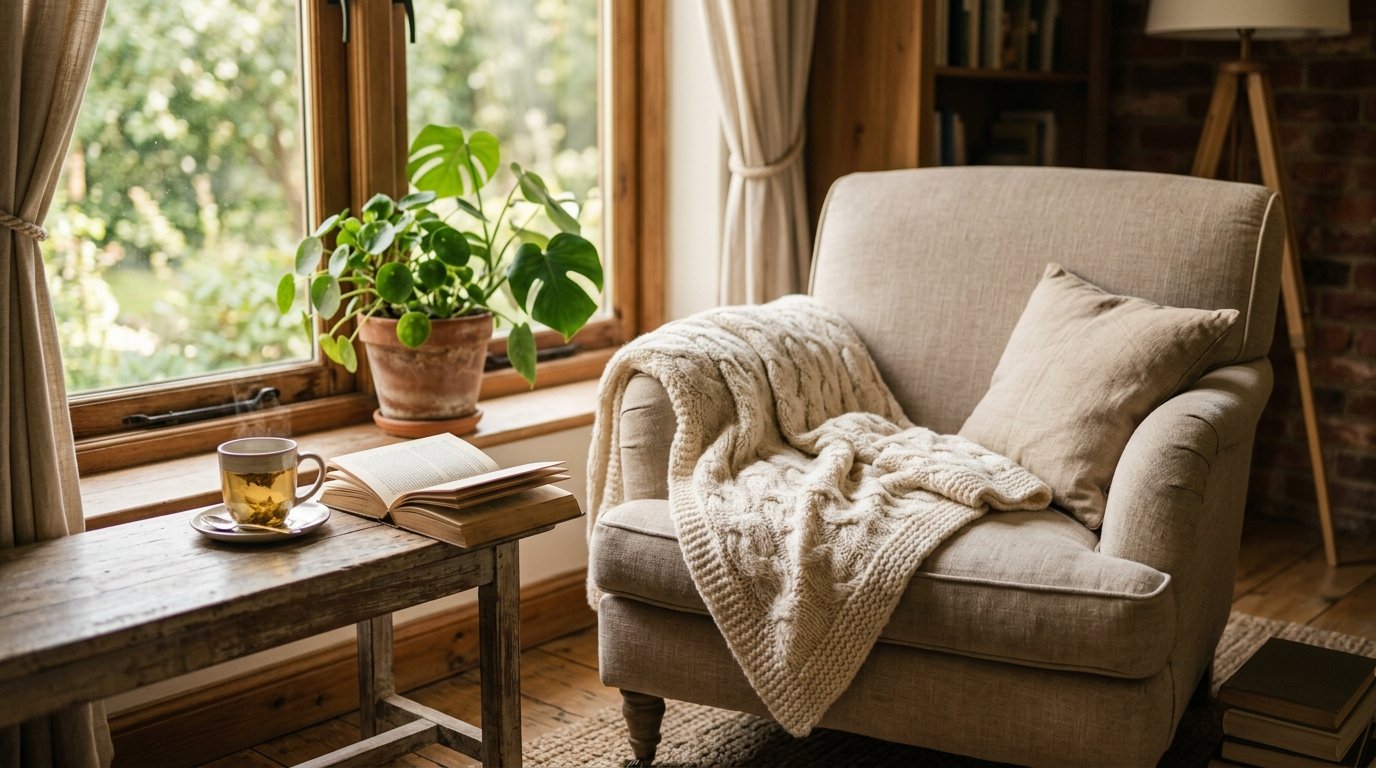 Coin confortable avec un fauteuil, un plaid et une tasse pres d'une fenetre ensoleillee