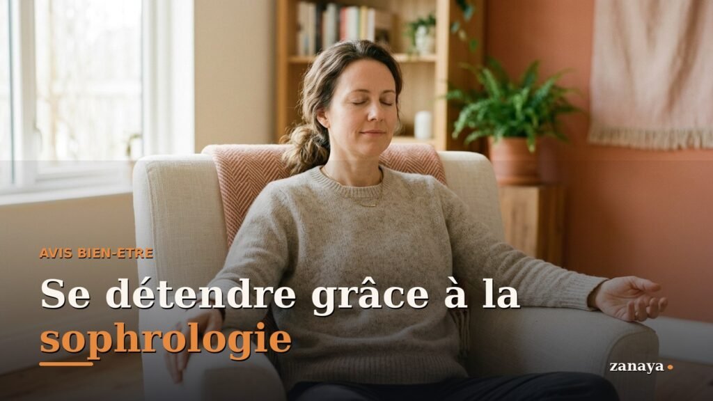 Femme assise et détendue dans un fauteuil, yeux fermés, pratiquant la sophrologie pour se détendre