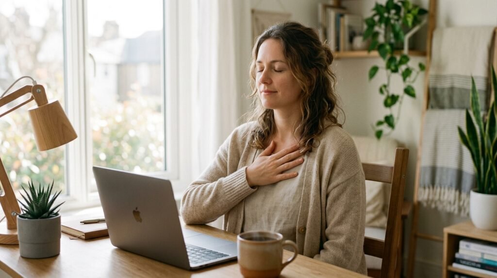 Personne au bureau, yeux fermes et main sur la poitrine, respirant pour apaiser le stress au travail