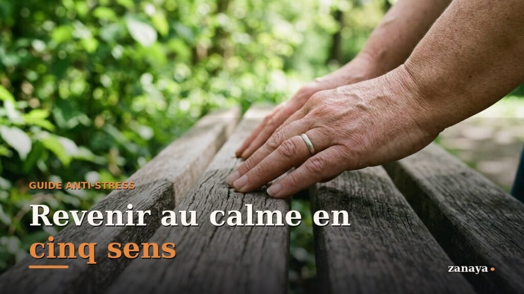 Mains posees sur un banc en bois, contact avec la matiere, exercice d'ancrage en exterieur