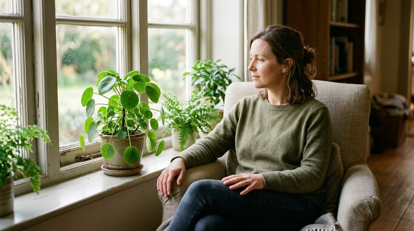 Personne assise pres d'une fenetre, regard pose sur une plante, attention portee aux sensations