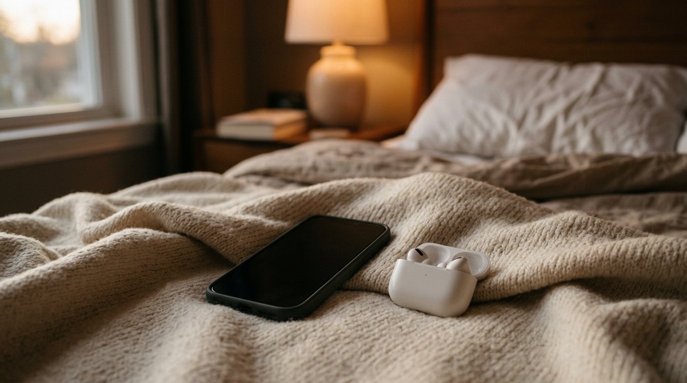 Telephone et ecouteurs poses sur un lit pour ecouter une seance de yoga nidra guidee le soir