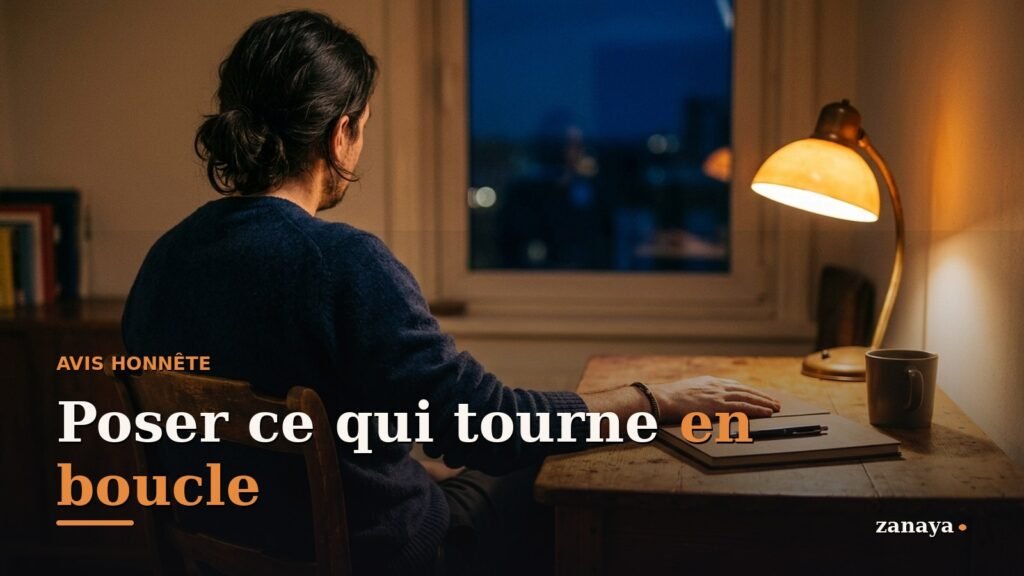 Une personne assise a un bureau le soir, la main posee sur un carnet ferme sous une lampe ambree
