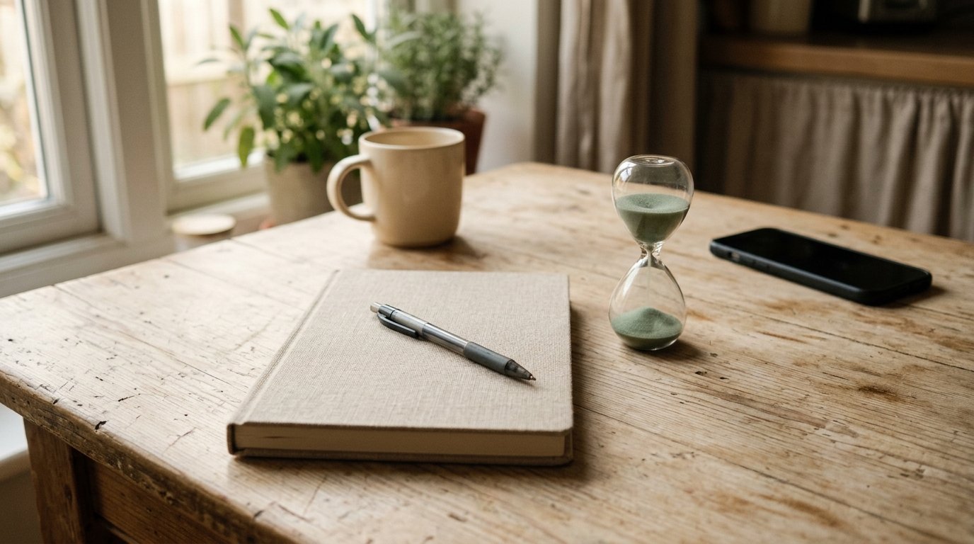 Un carnet ferme, un stylo et un sablier poses sur une table en bois, lumiere douce de fin de journee