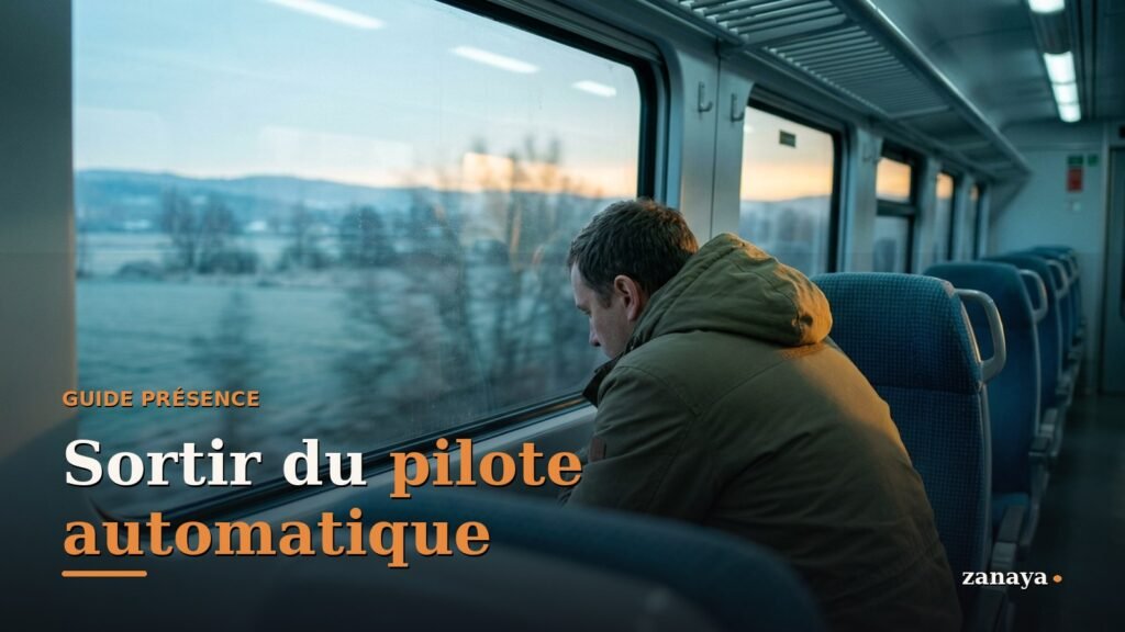 Une personne assise pres de la fenetre d'un train a l'aube, le regard pose sur le paysage qui defile