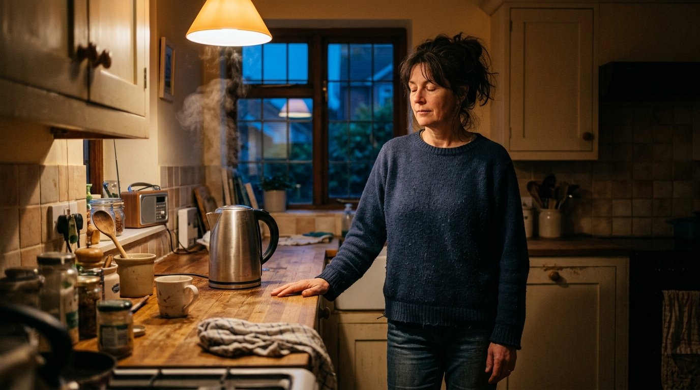 Une personne immobile dans sa cuisine le soir, une main posee sur le plan de travail, les yeux fermes