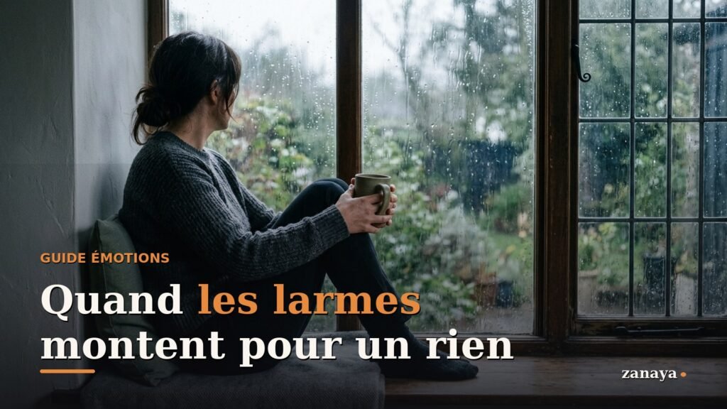 Une personne assise pres d'une fenetre un matin de pluie, une tasse tenue a deux mains