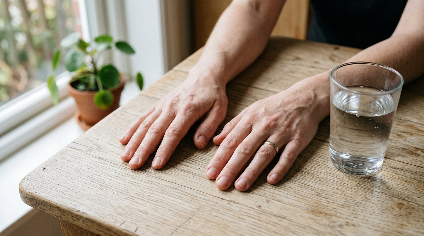 Deux mains posees a plat sur une table en bois pres d'un verre d'eau, pendant une expiration lente
