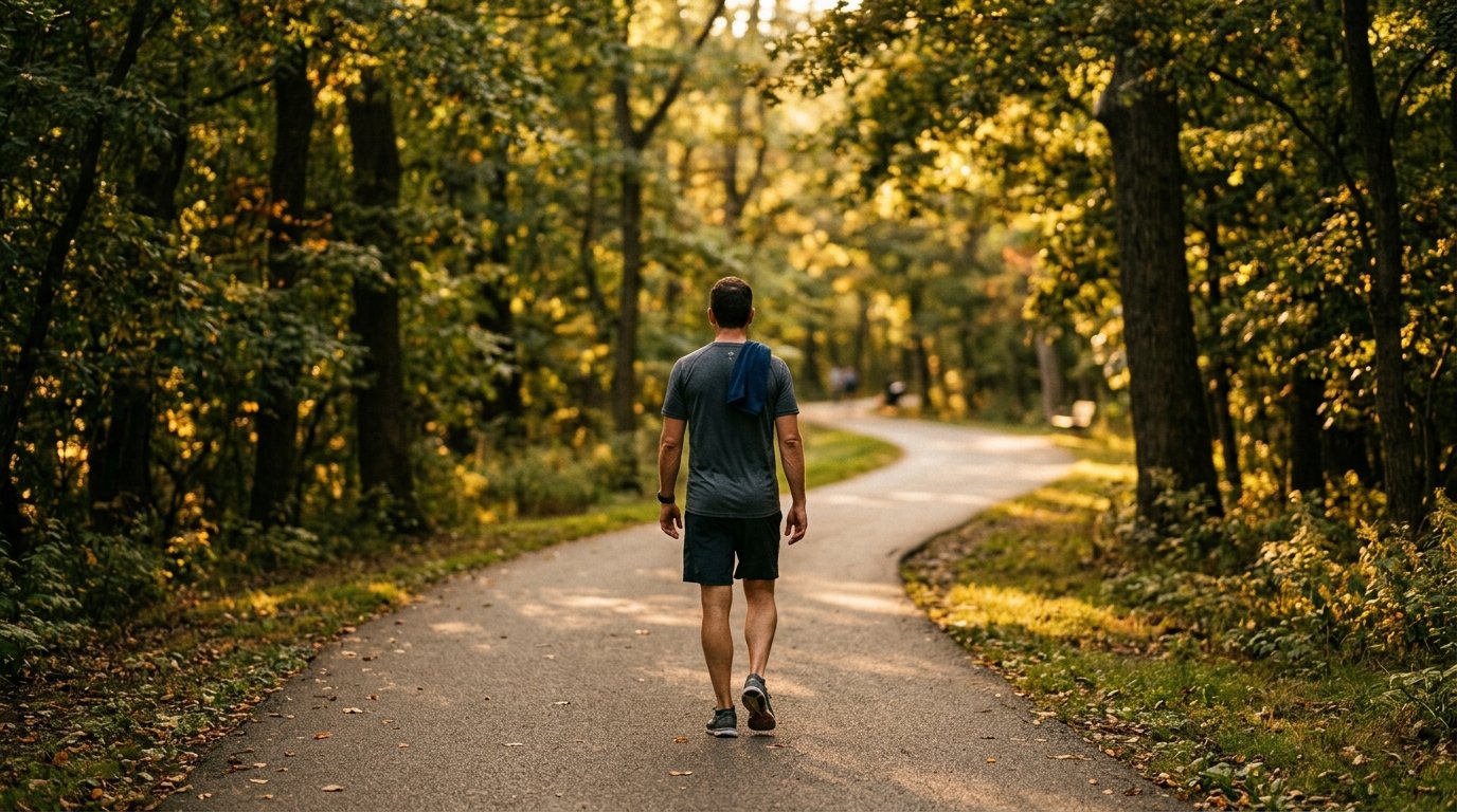 Une personne marche lentement sur un chemin bordé d'arbres juste après sa séance, sans téléphone