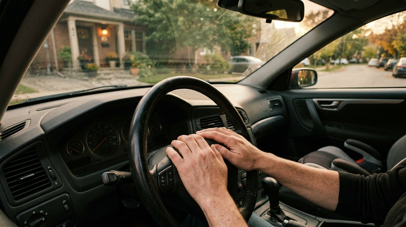 Deux mains posées sur un volant dans une voiture garée devant la maison, avant d'entrer